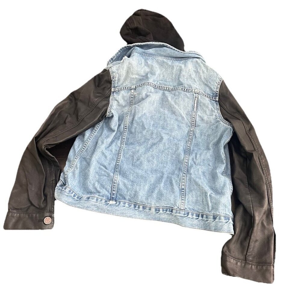 Blank NYC Jacket Denim Hoodie Sweatshirt With Leather Sleeves Women’s Size Larg - Picture 4 of 5